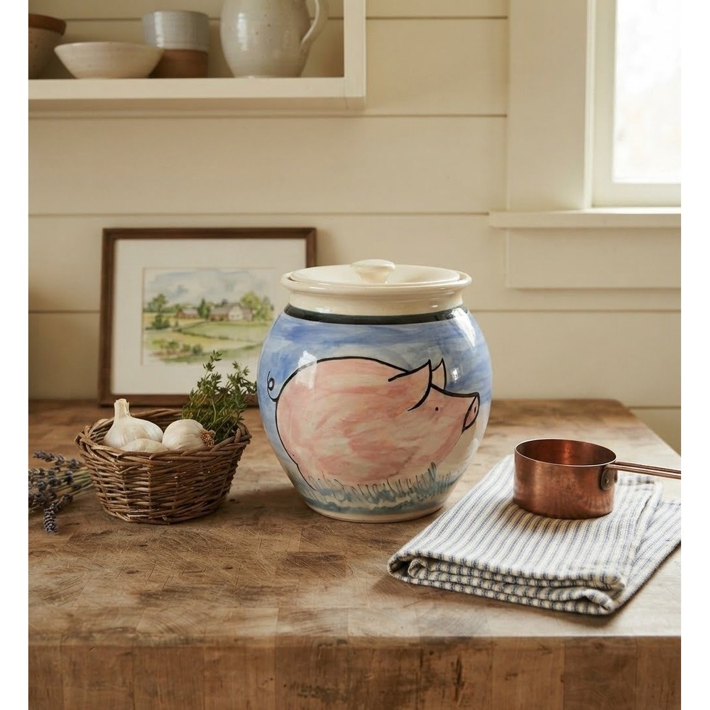 Karen Donleavy Stoneware Cookie Jar Hand Painted Pink Pig Studio Pottery 8x8